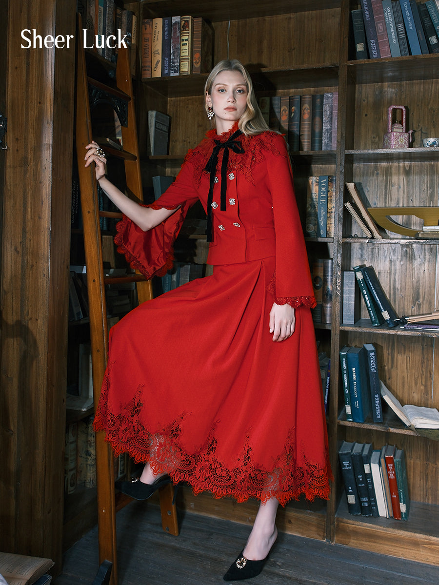SHEERLUCK SLTZ25408 Vintage stand collar lace suit jacket + skirt set