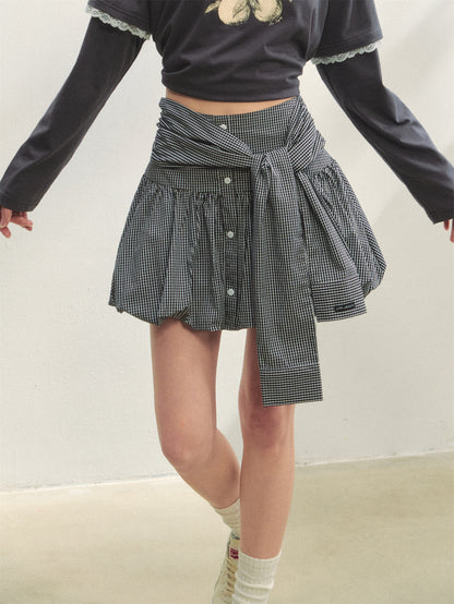 AsGony ASG25298 Plaid strap embroidered flower bud skirt