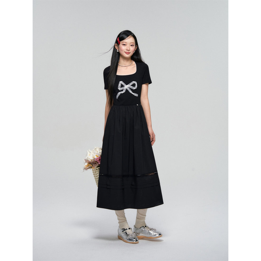 AsGony ASG25055U Splicing lace bow dress