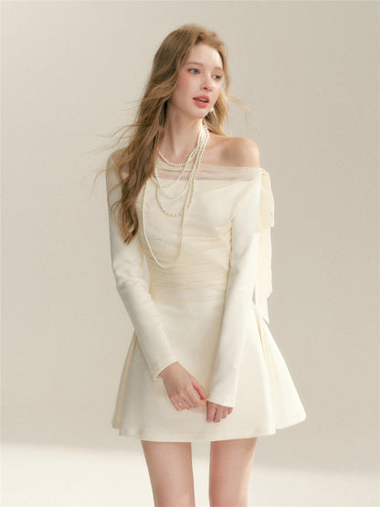 16DEWS 16D26021 Off shoulder bow slim fit long sleeved dress