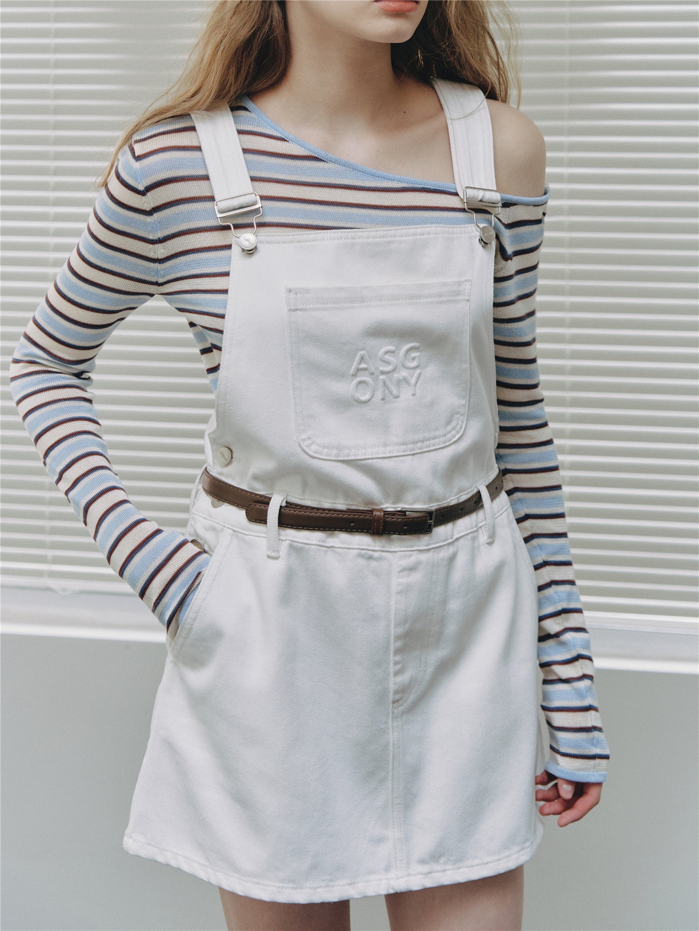 Asgony ASG26513 Striped One-Shoulder Long-Sleeve Knit Top