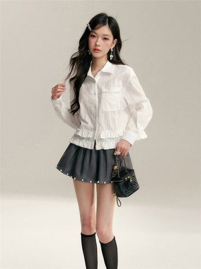 16DEWS 16D26044 Texture based black fungus lace patchwork shirt