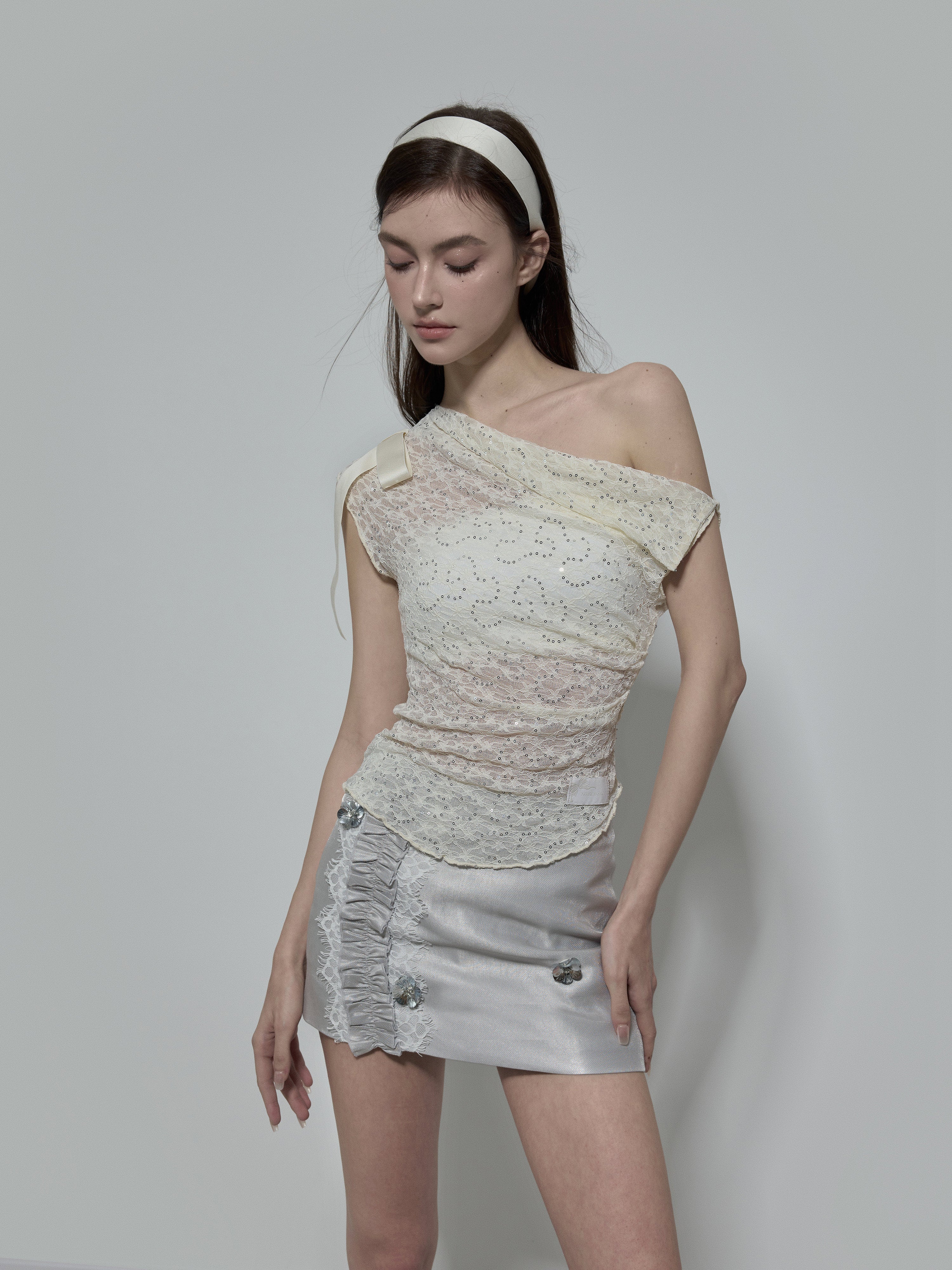 NOMEANSNO Sequin Lace One-Shoulder Top