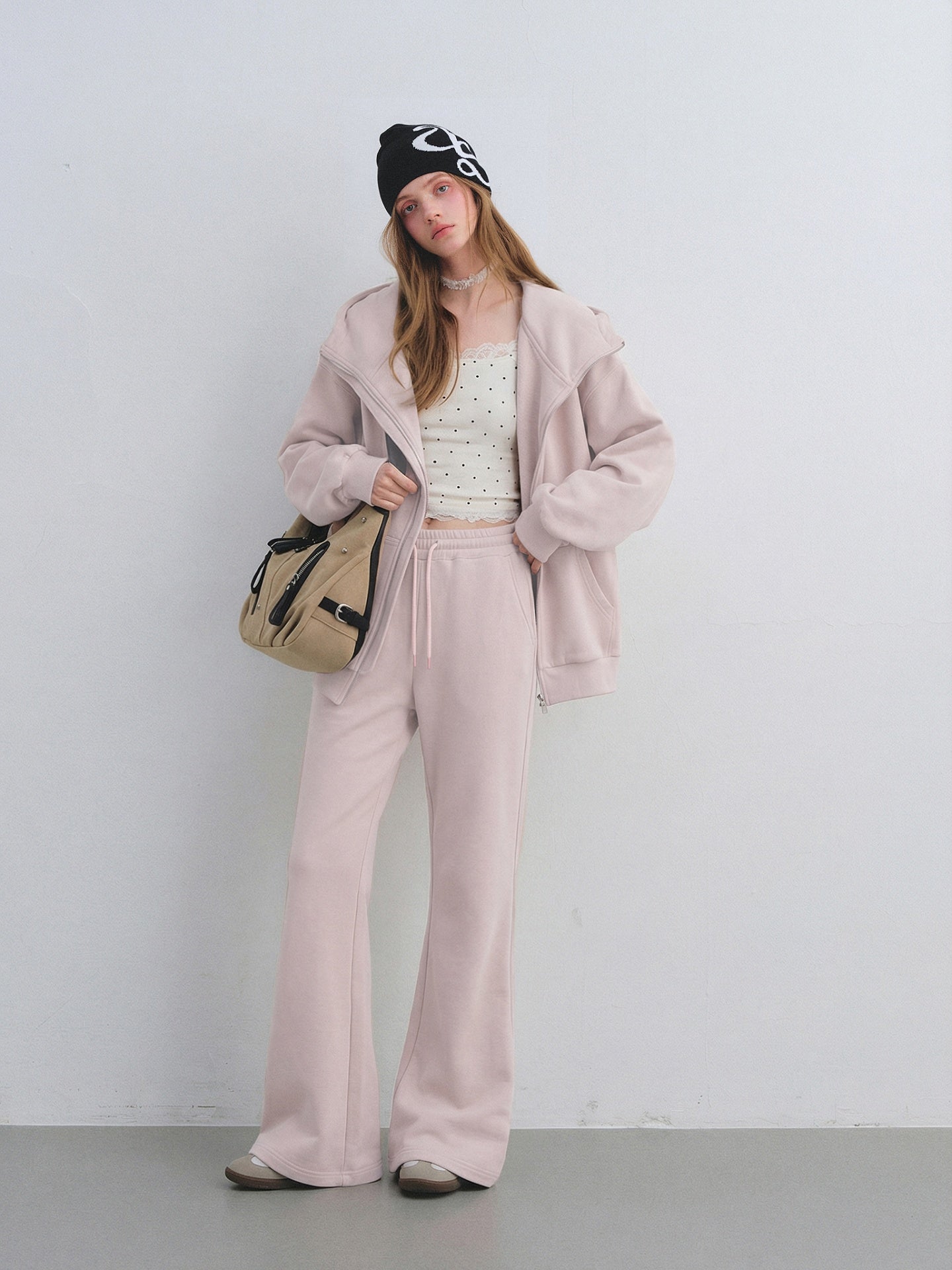 AsGony ASG25665&amp;ASG25667 Big collar hooded zipper sweatshirt jacket + sweatpants set