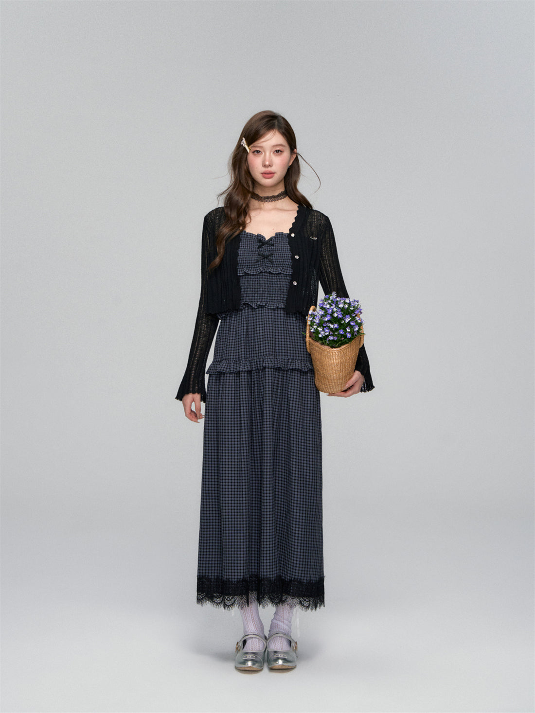 AsGony ASG25107 Plaid patchwork lace slit camisole dress