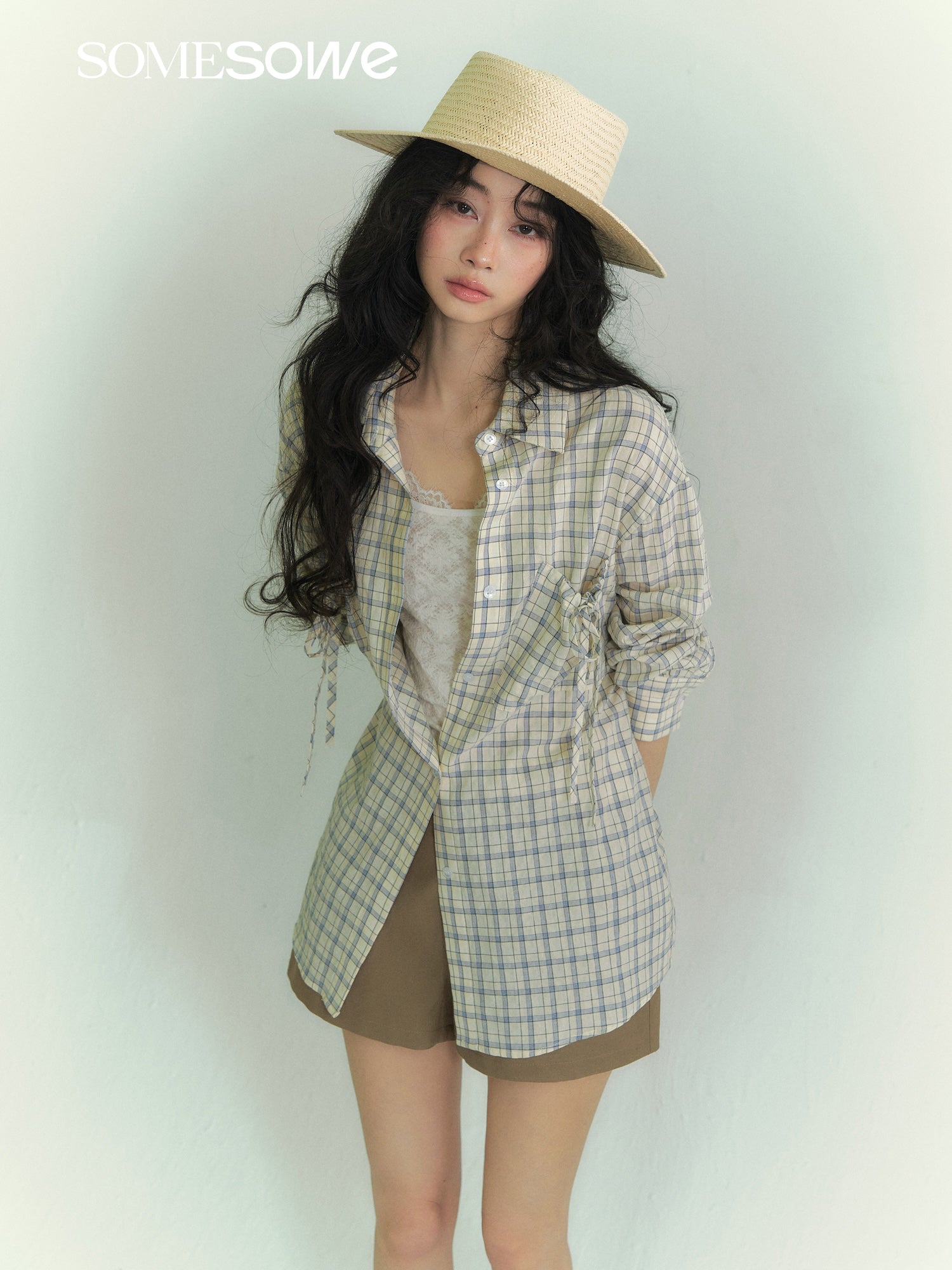 SOMESOWE S2609071 Drawstring pocket plaid shirt