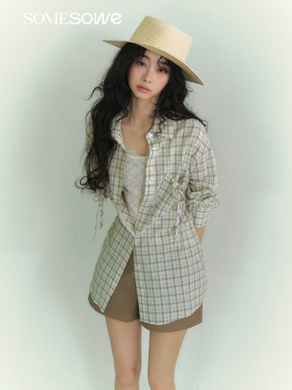SOMESOWE S2609071 Drawstring pocket plaid shirt