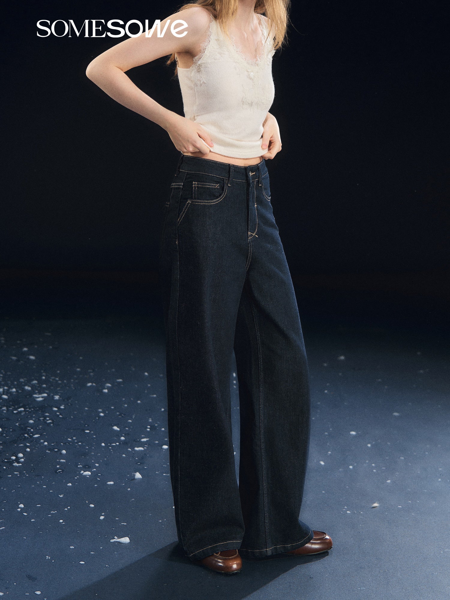 SOMESOWE S2508315 Elastic straight-leg solid color fleece jeans