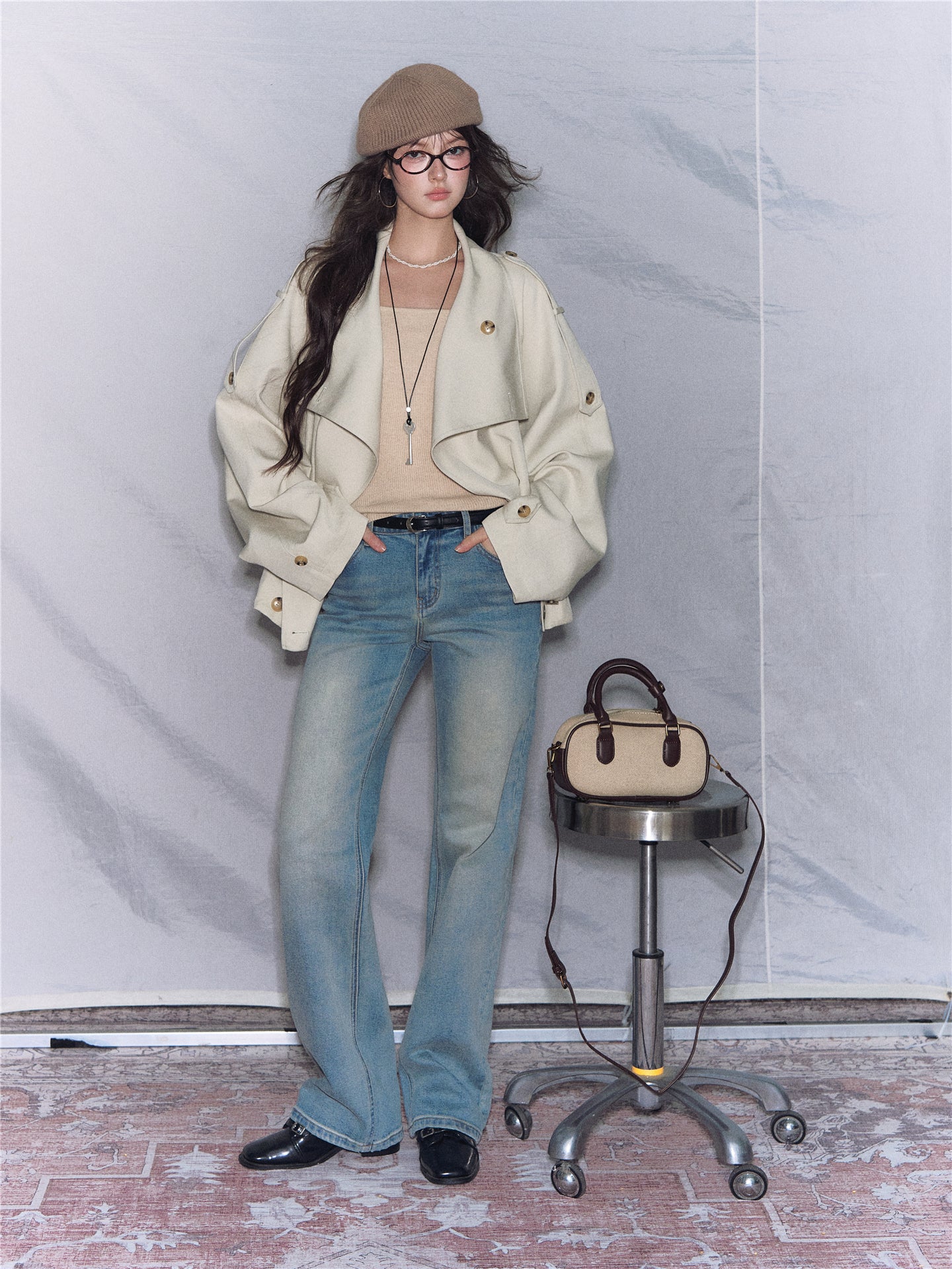 Asgony ASG26527 Oversized Collar Relaxed Button Trench Jacket