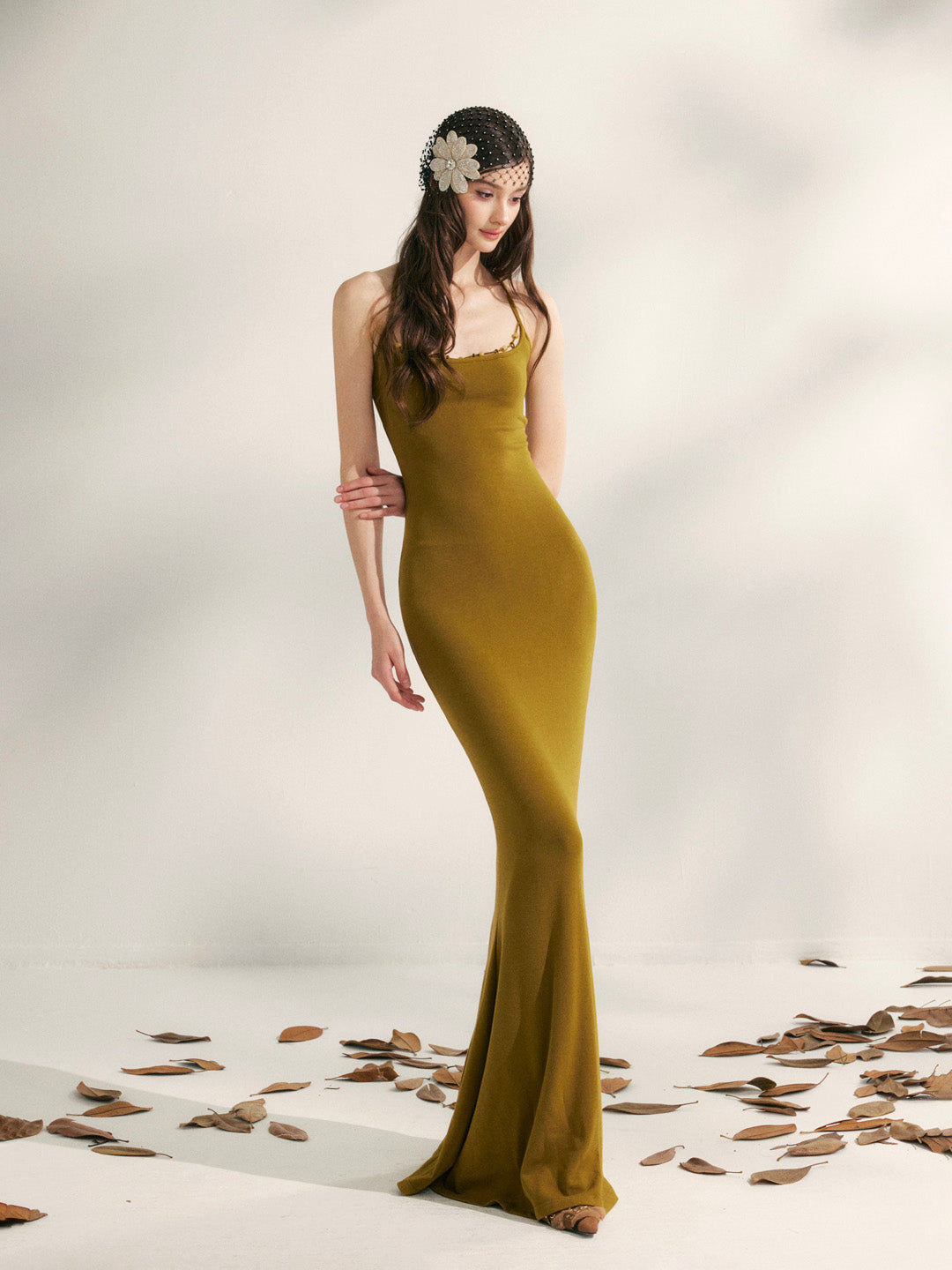 YZZI HE Beaded halter neck knitted fishtail maxi dress