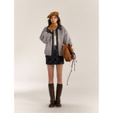 AsGony ASG24563 eco-friendly fur jacket + ASG24564 embroidered plaid skirt set