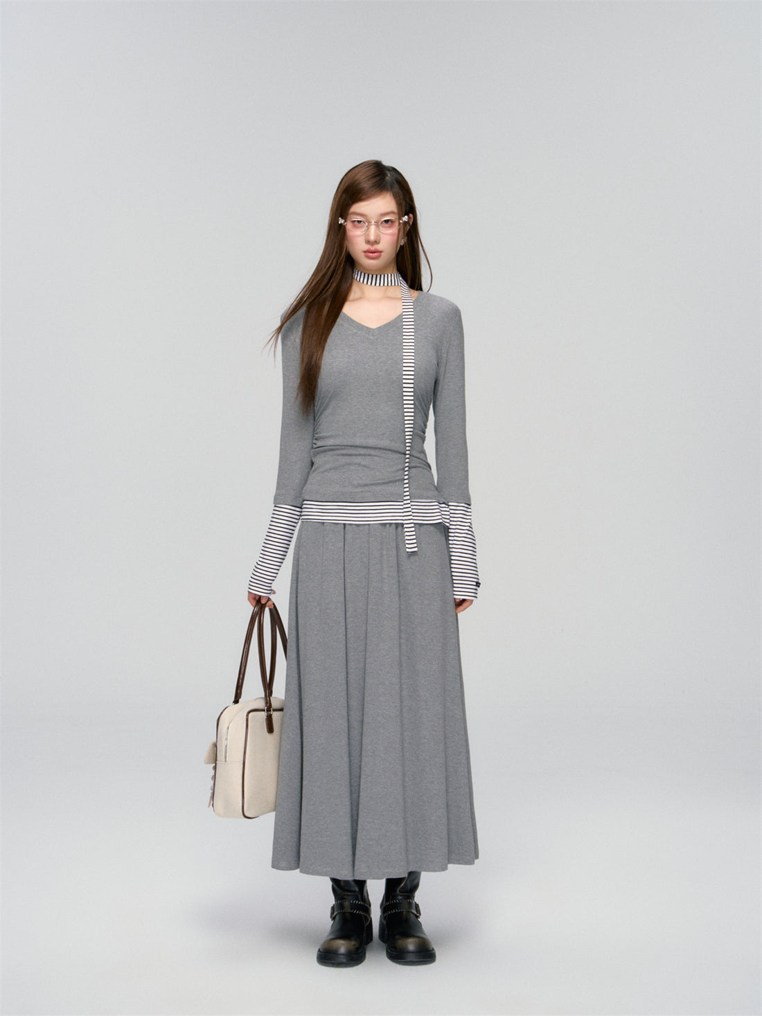 AsGony ASG25008&ASG25009 Slim fit V-neck ribbon base top + skirt set