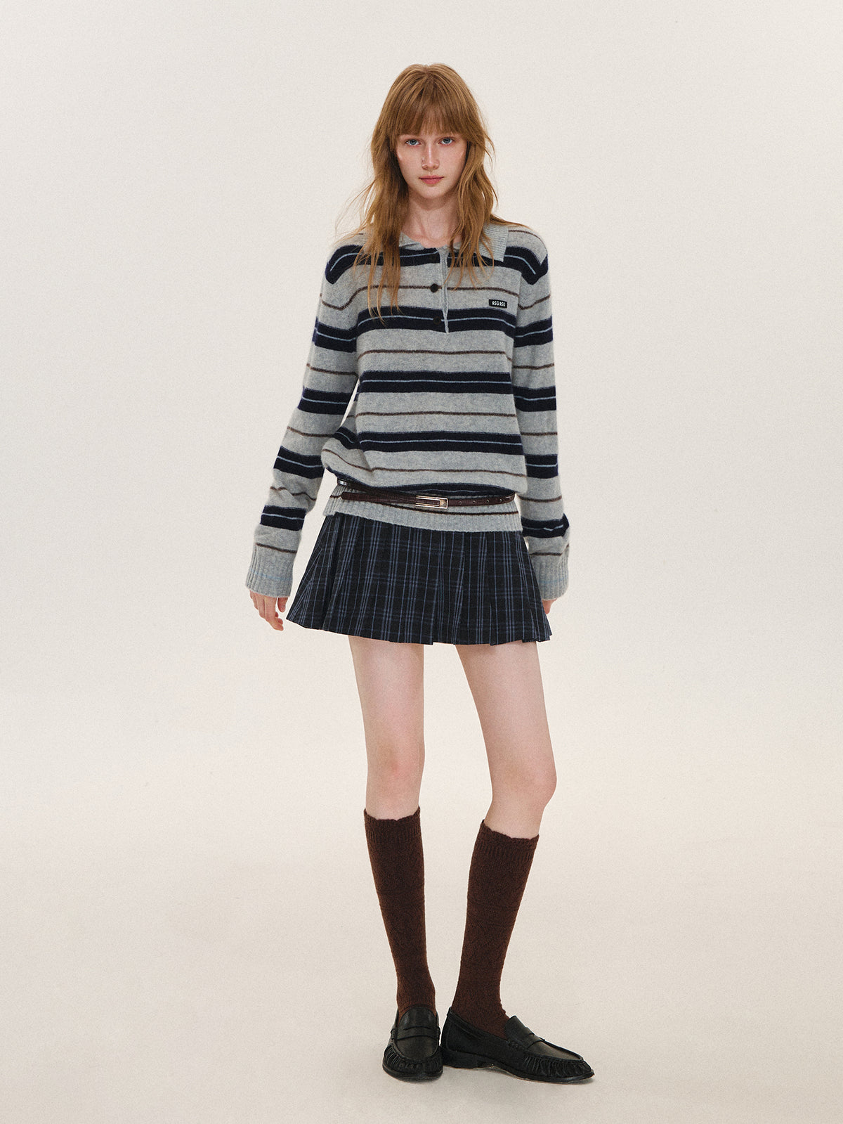 Asgony ASG26610 Vintage Plaid Contrast-Waist Pleated Skirt