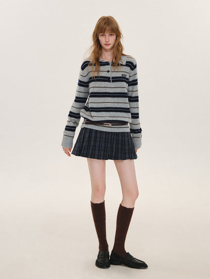 Asgony ASG26610 Vintage Plaid Contrast-Waist Pleated Skirt