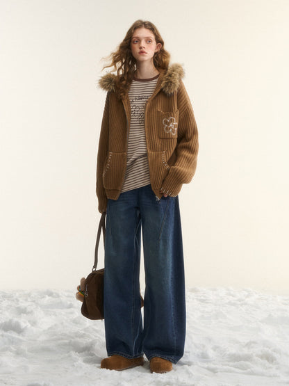 AsGony ASG25552 Detachable fur collar texture embroidered knit cardigan