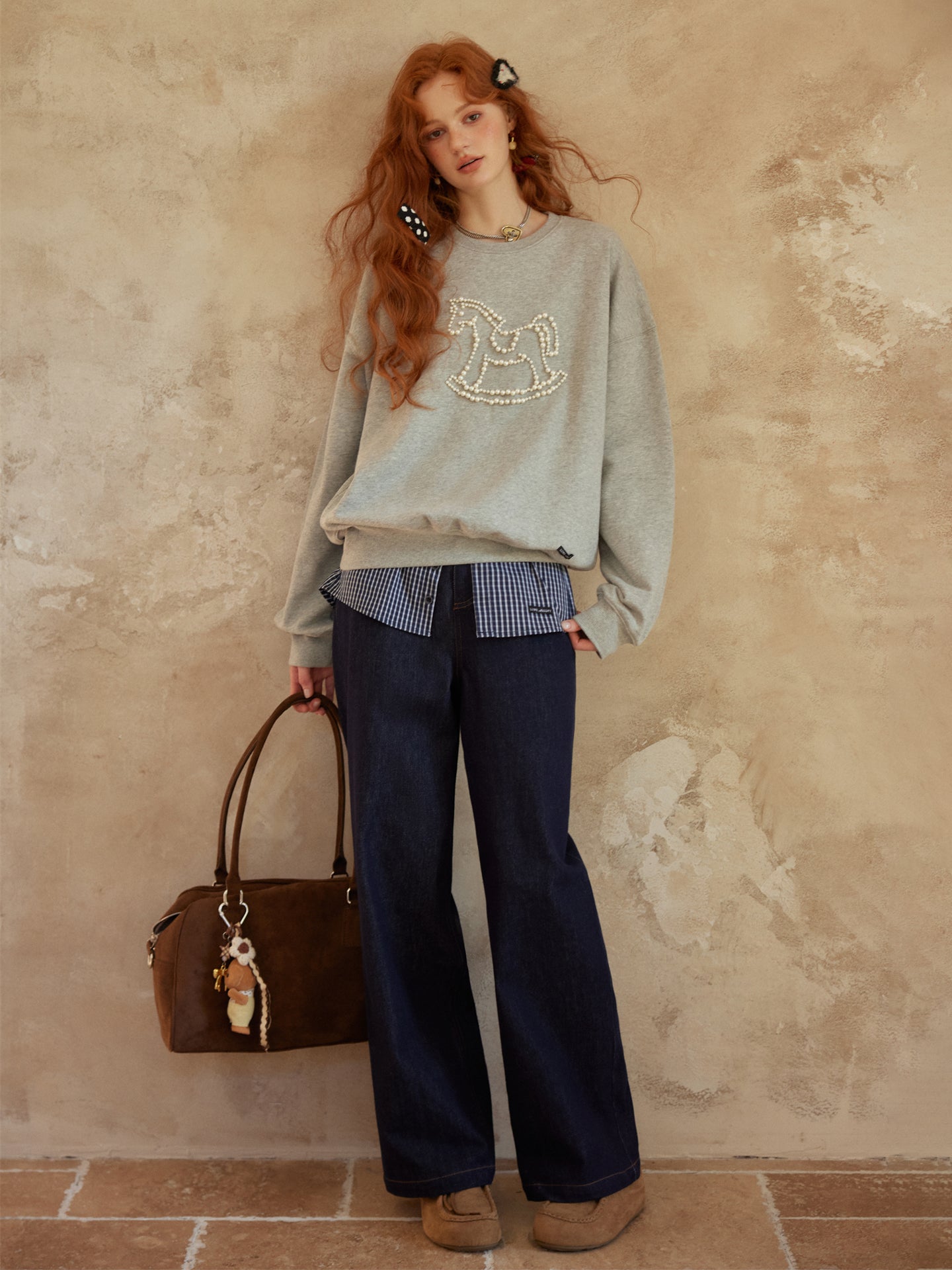AsGony ASG25438 Knitted nail animal pattern round neck hoodie