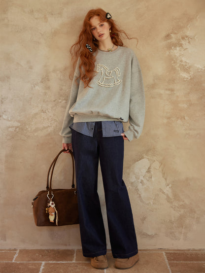 AsGony ASG25438 Knitted nail animal pattern round neck hoodie