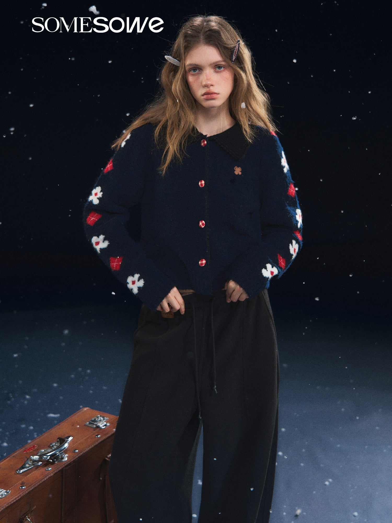 SOMESOWE S2508314 Retro Flower Jacquard Notched Collar Cardigan