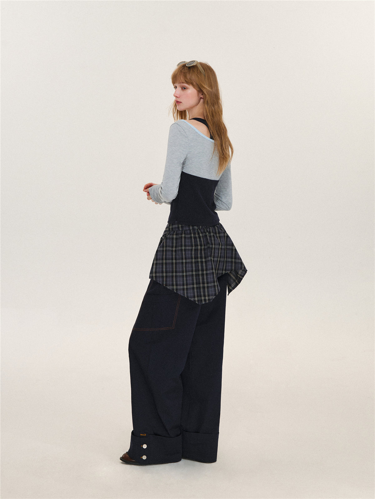 Asgony ASG26580 Relaxed-Fit Plaid Cargo Pants with Overskirt