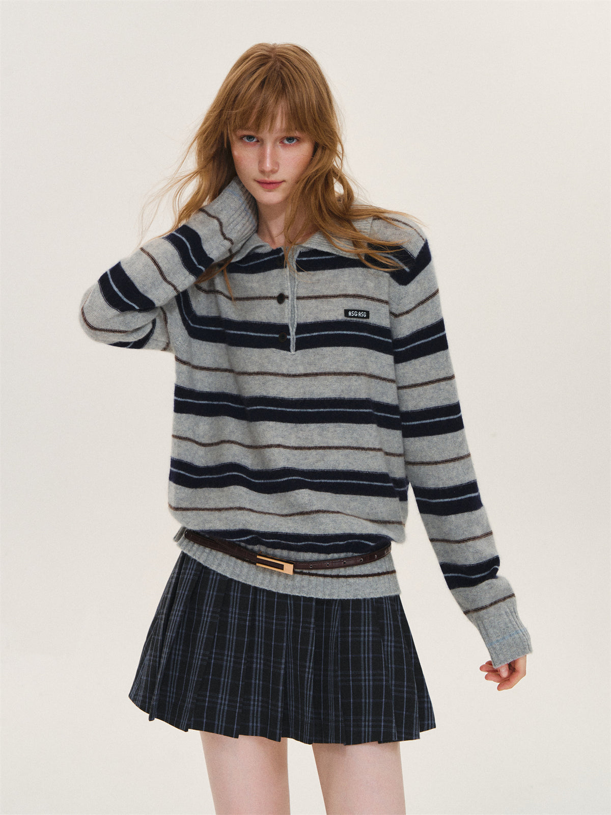 Asgony ASG26597 Striped Collared Knit Polo Shirt