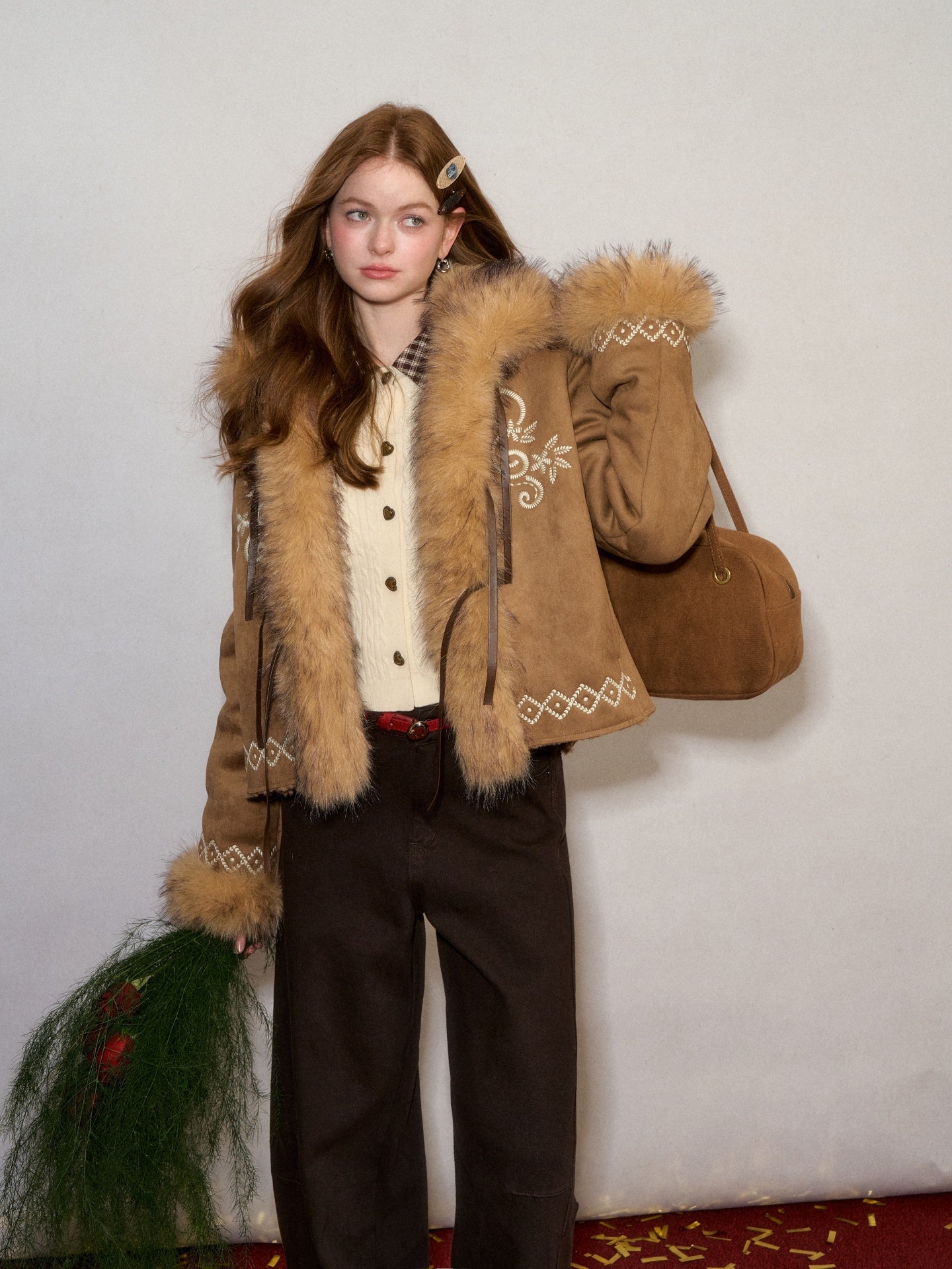 AsGony ASG25623 Coarse thread embroidery strap fur integrated jacket