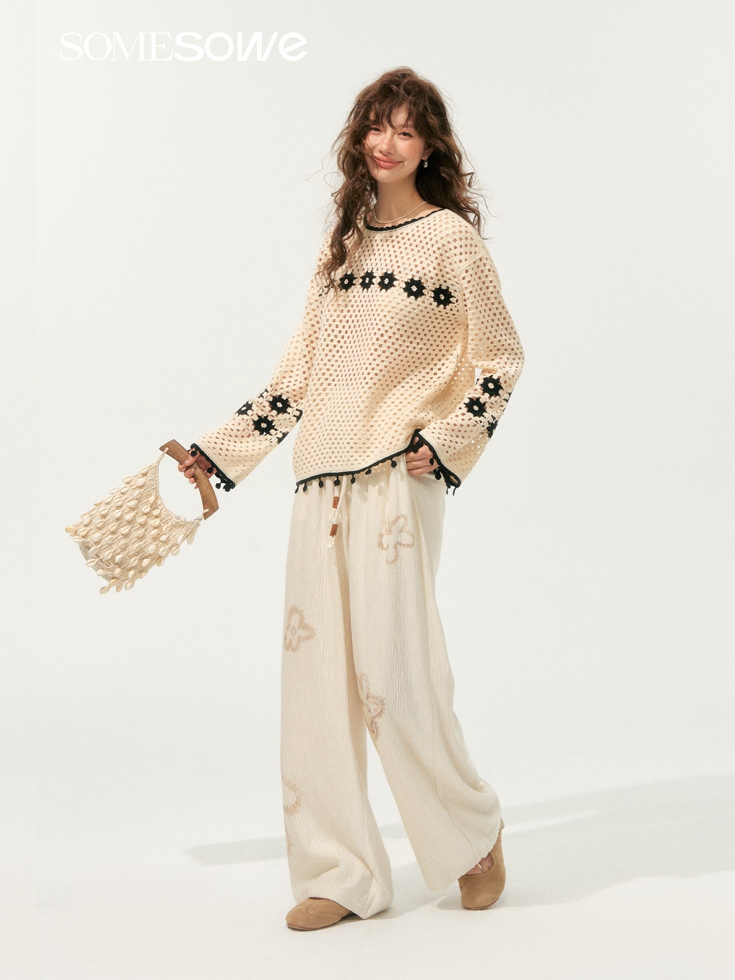 SOMESOWE S2508186&amp;S2508194 Bohemian style hollowed out sweater + pants set