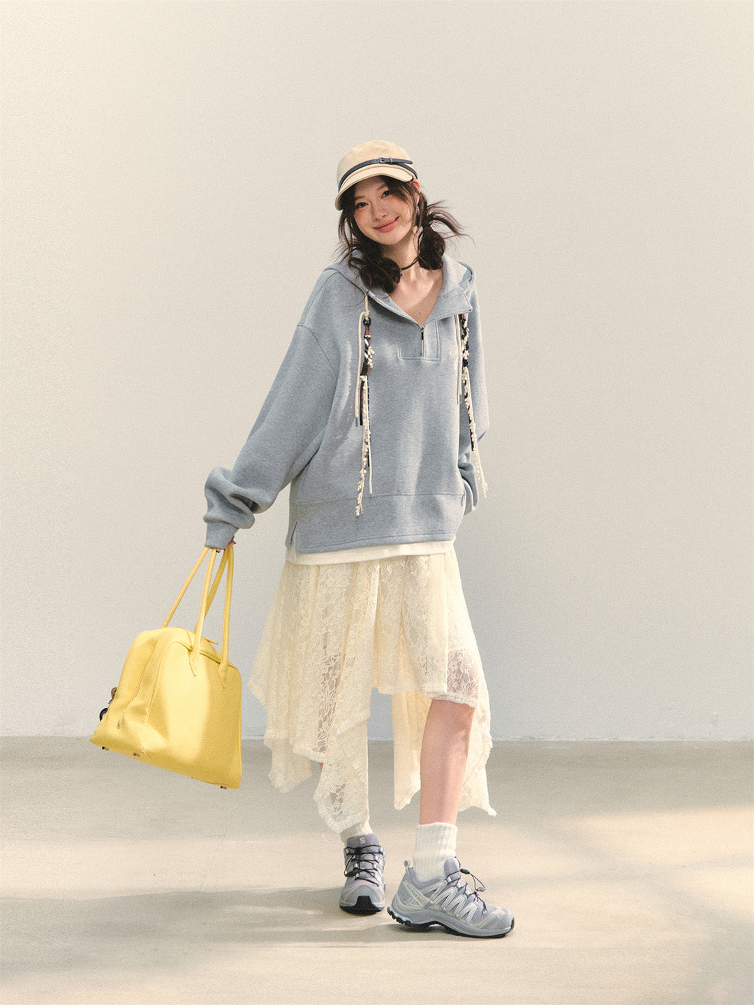 AsGony ASG25347 Flower embroidered casual loose pullover hoodie