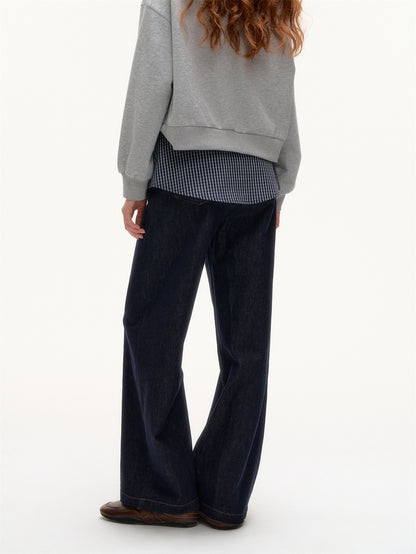 AsGony ASG25423 Checkered splicing fake two-piece straight leg jeans
