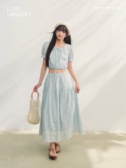 AsGony ASG25193&amp;ASG25194&amp;ASG25195 Flower embroidery lace up bubble sleeve top+vest+skirt