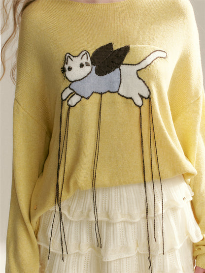 16DEWS 16D26019 Fun cat relaxed round neck pullover knit sweater