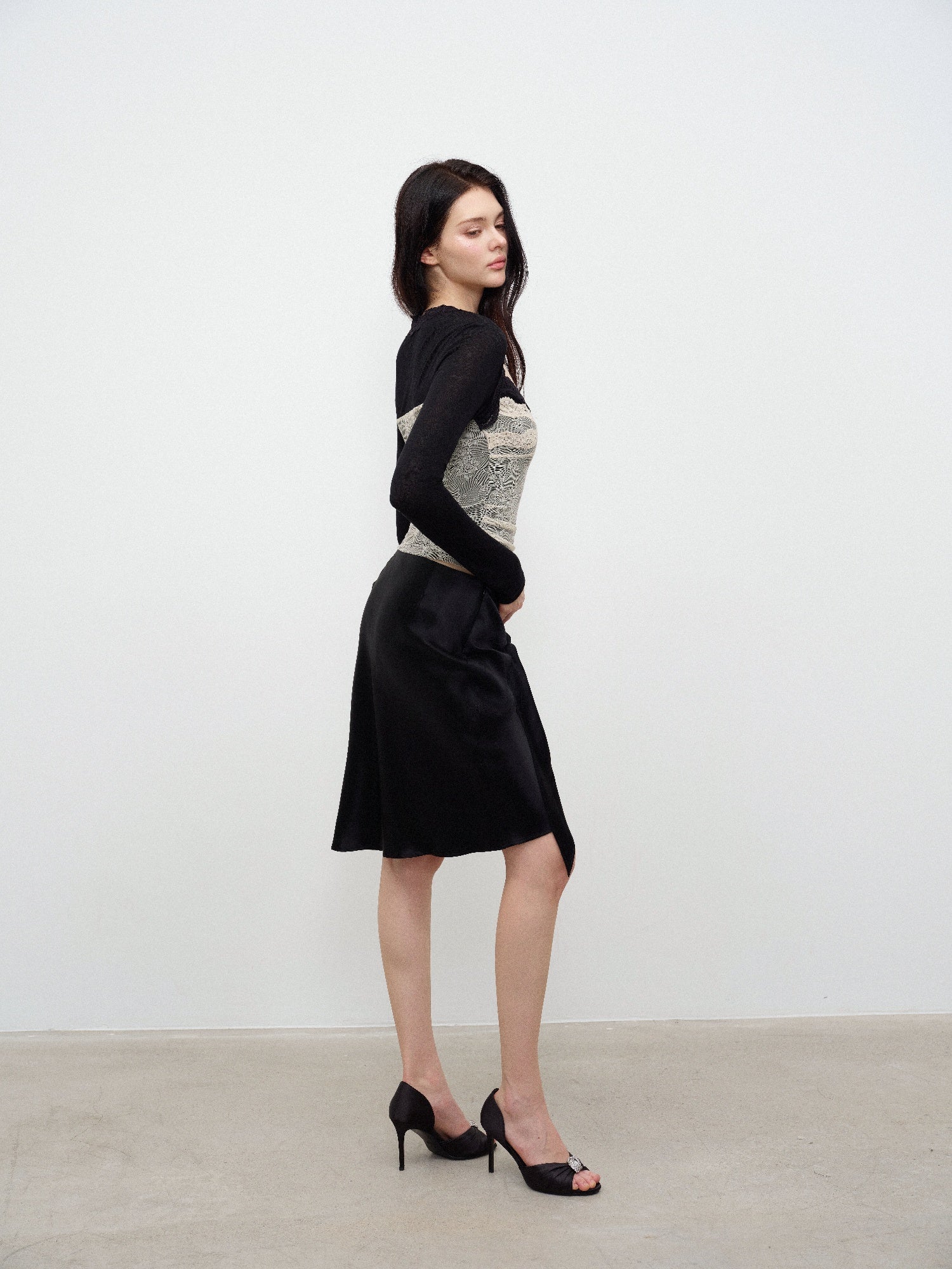 NONCESTNON N379 Color-Block Lace Long-Sleeve Top