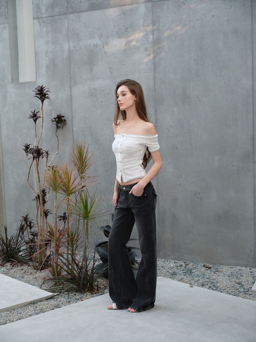 NONCESTNON N320 Lace off shoulder top