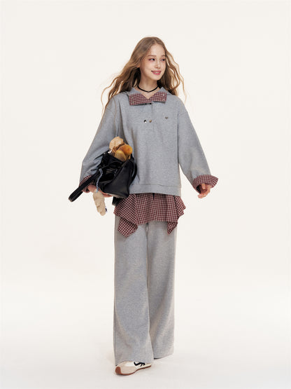 16DEWS 16D25397&amp;16D25398 Plaid patchwork hooded sweatshirt + pants set