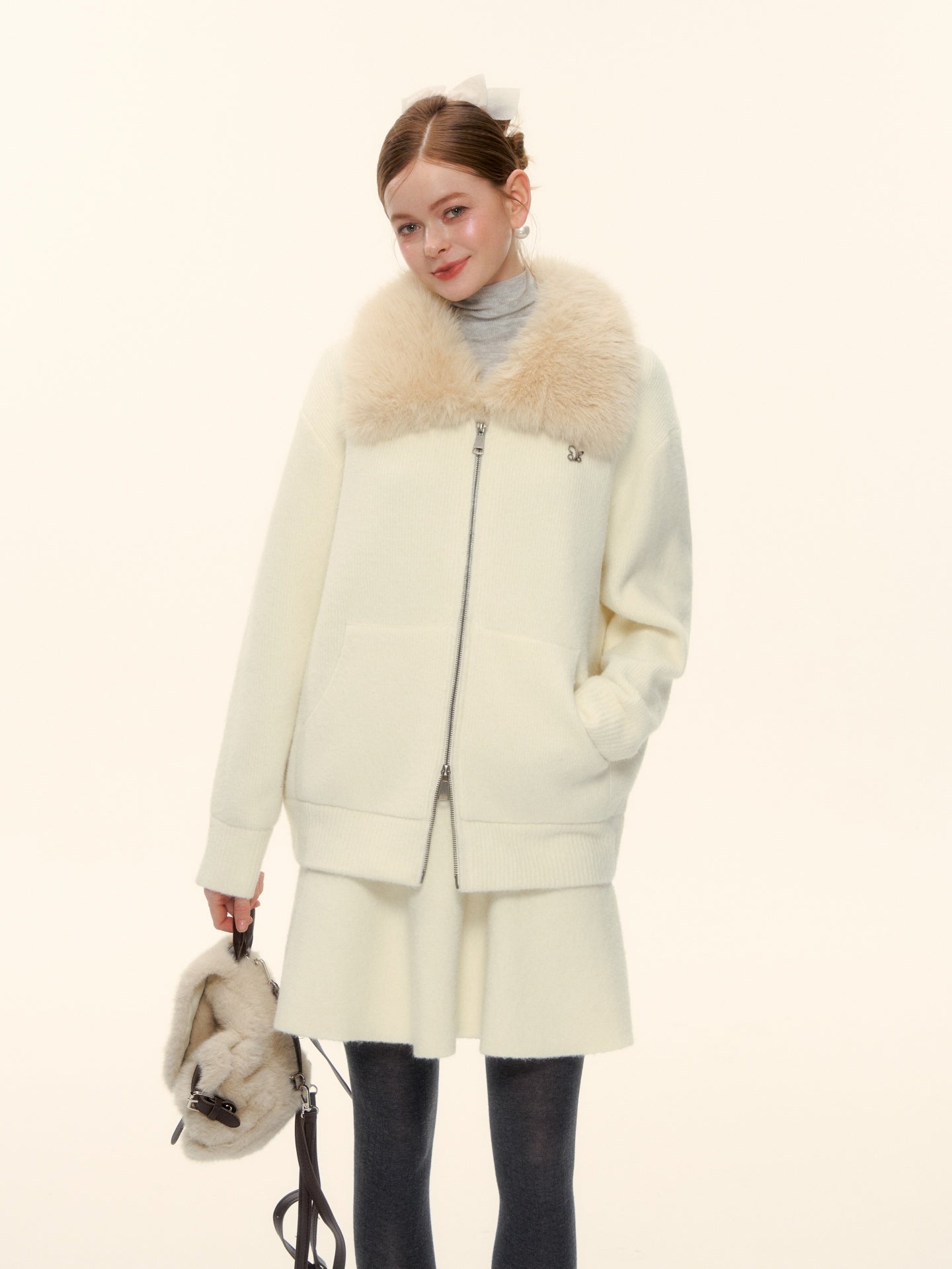 AsGony ASG25601 Wool Flannel Lapel Zippered Knit Sweater Jacket