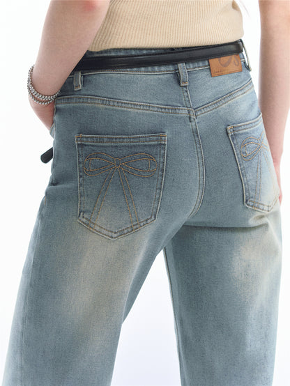 Asgony ASG26524 Bow Embroidered Low-Rise Jeans