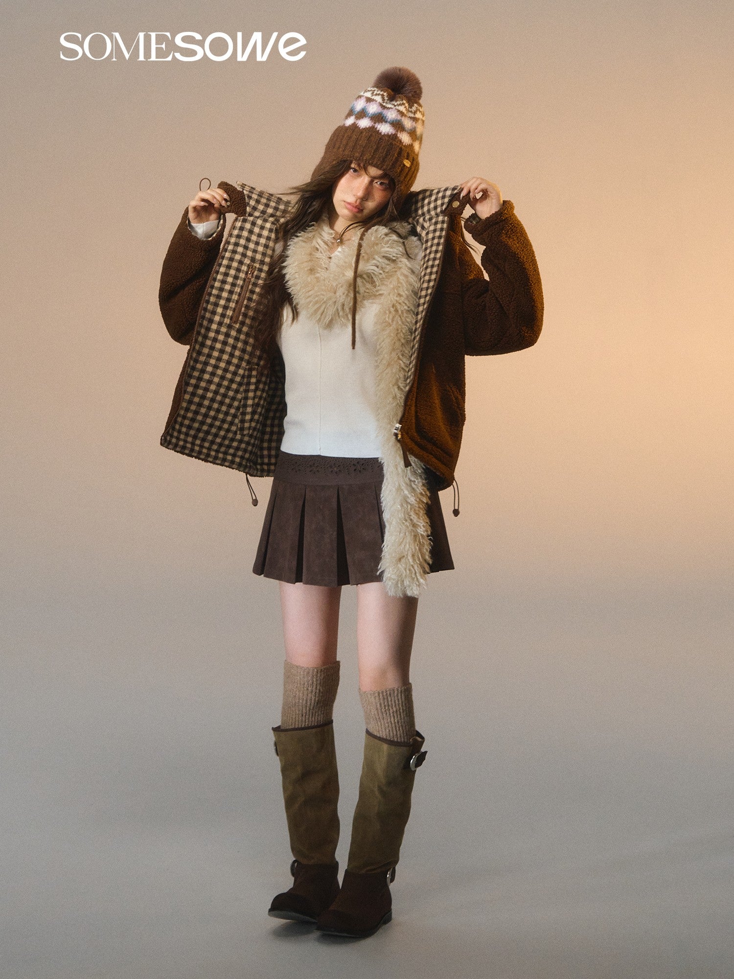 SOMESOWE S2508270 Double sided plaid patchwork fleece jacket