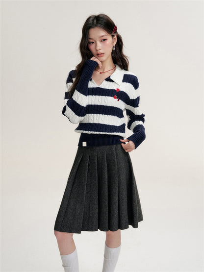 16DEWS 16D25484 Twisted floral texture contrasting pullover knitted sweater