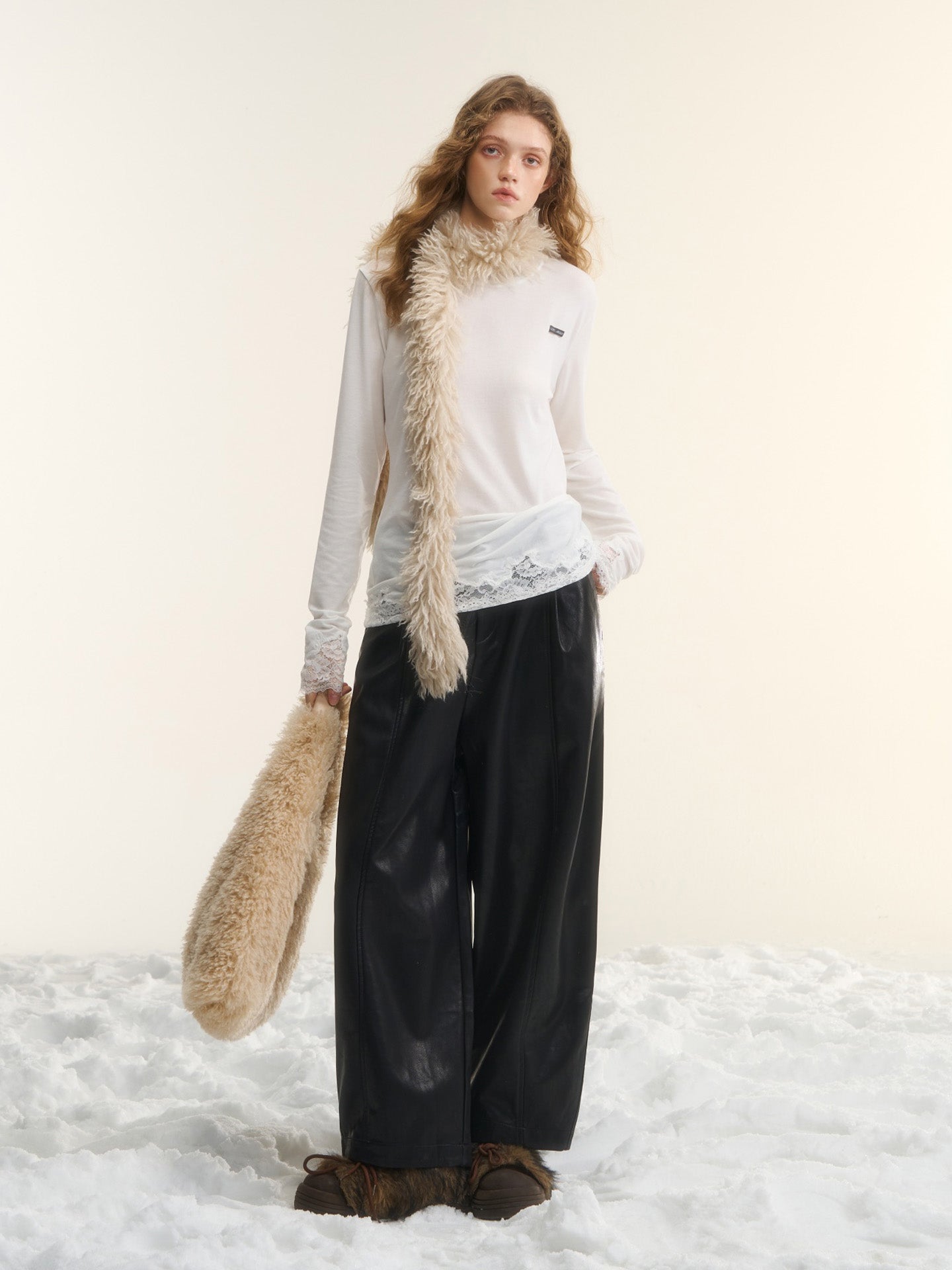 AsGony ASG25556 Protein leather elastic cut black leather pants