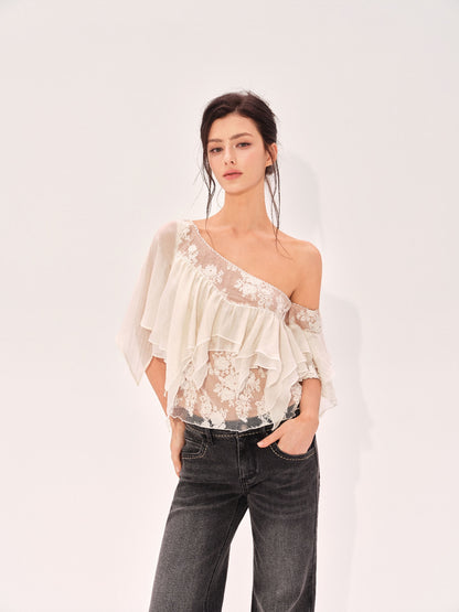 NONCESTNON N326 Patchwork One-Shoulder Top