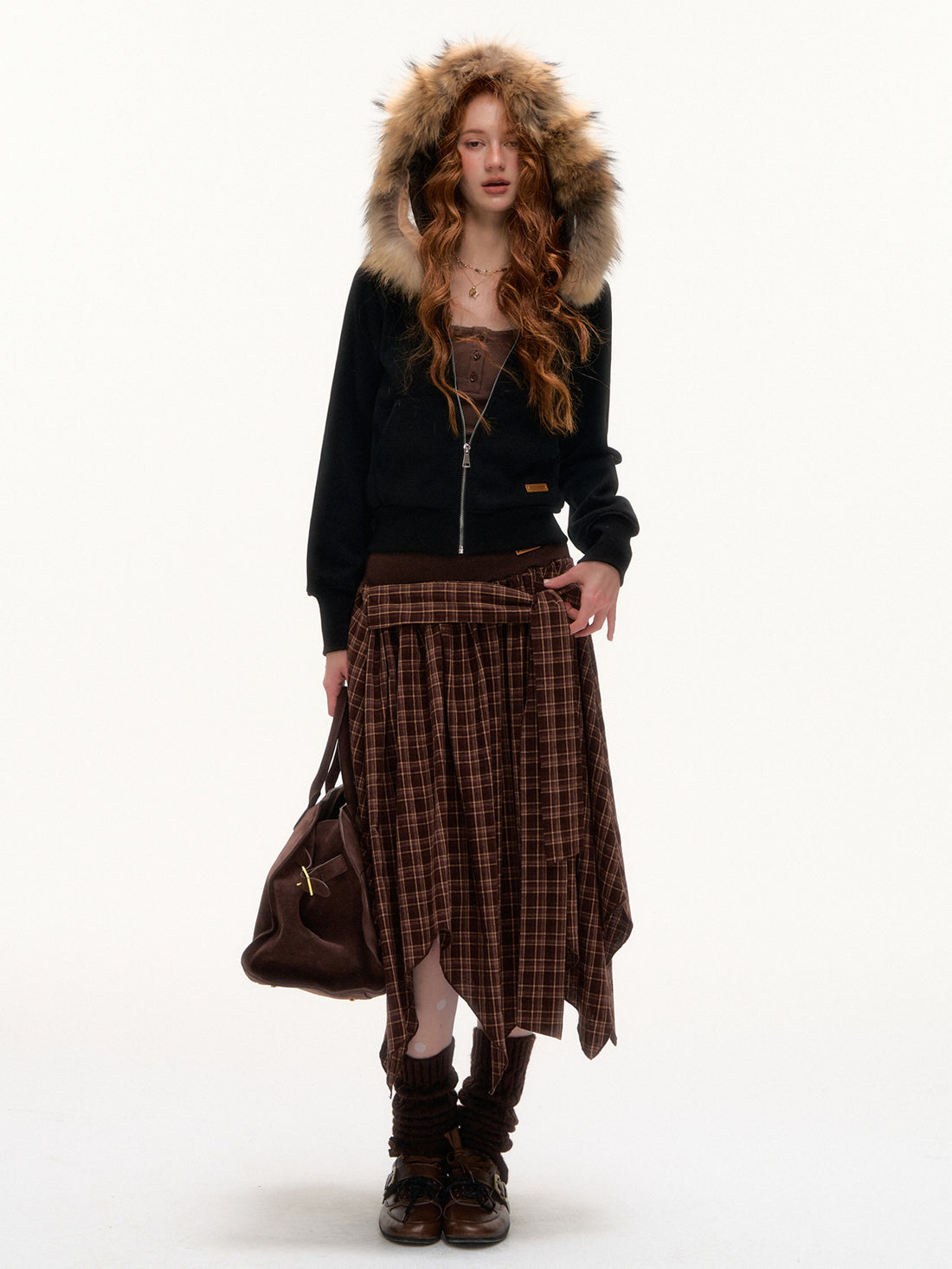 AsGony ASG25412 Off shoulder checkered spliced cross sweater