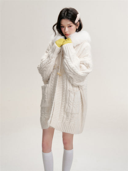 16DEWS 16D25462 Knitted hooded mid length sweater jacket