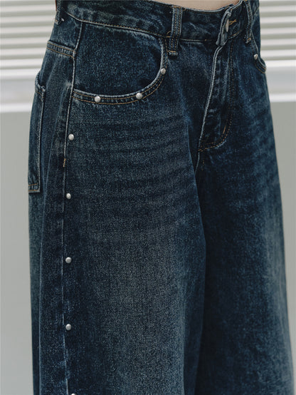 Asgony ASG26556 Vintage Washed Studded Barrel Pants