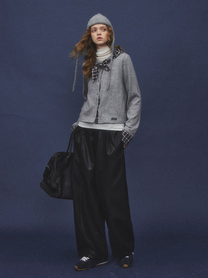 AsGony ASG25566 Wool plaid splicing tie sweater cardigan