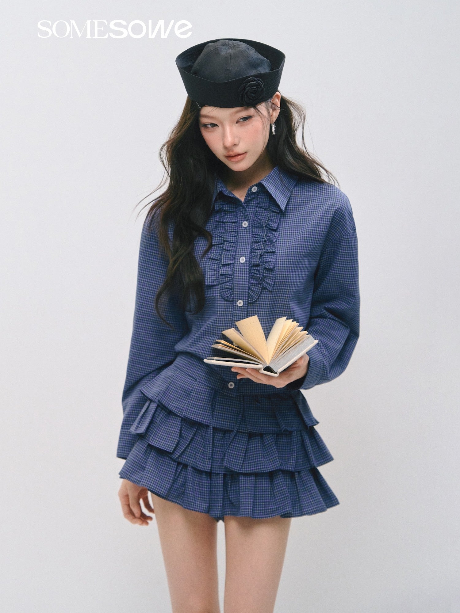 SOMESOWE S2509029&amp;S2509030 Plaid ruffled silhouette short shirt + skirt