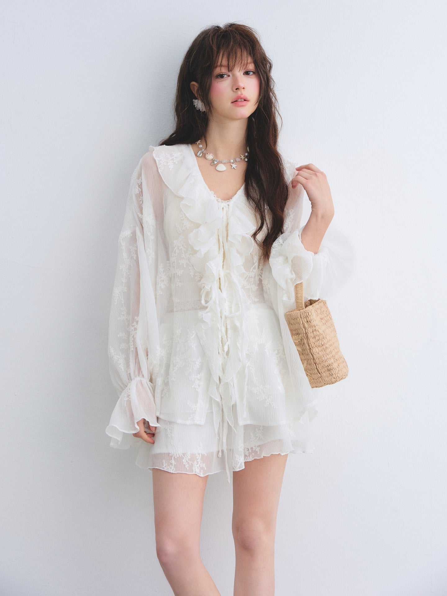 AsGony ASG26015&amp;ASG26016 Chiffon pleated embroidered ruffle edge shirt + skirt