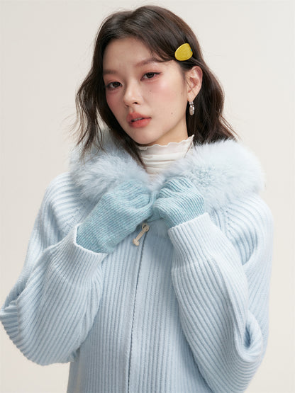 16DEWS 16D25465 Woolen collar hooded knitted jacket