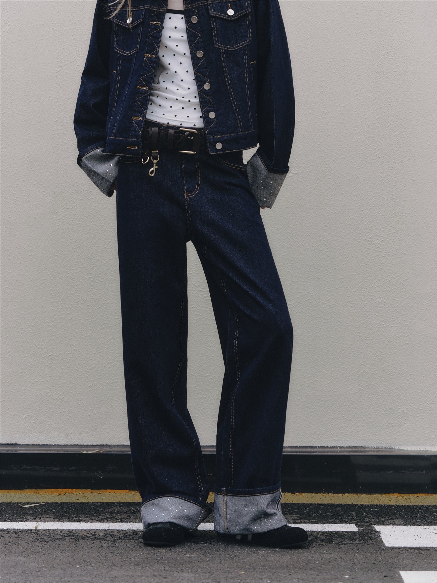 Asgony ASG26506 Raw Denim Jacket+ASG26507 Denim Straight Pants
