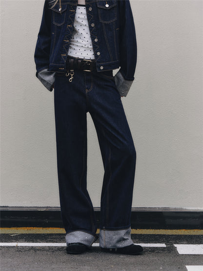 Asgony ASG26506 Raw Denim Jacket+ASG26507 Denim Straight Pants