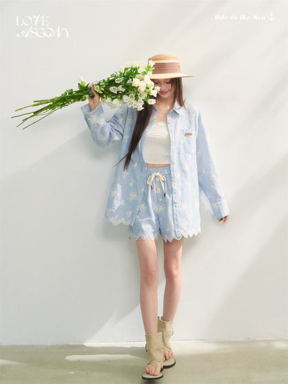 AsGony ASG25191&amp;ASG25192&amp;ASG25251 Lace embroidered wavy hem long sleeved shirt+shorts+headscarf set