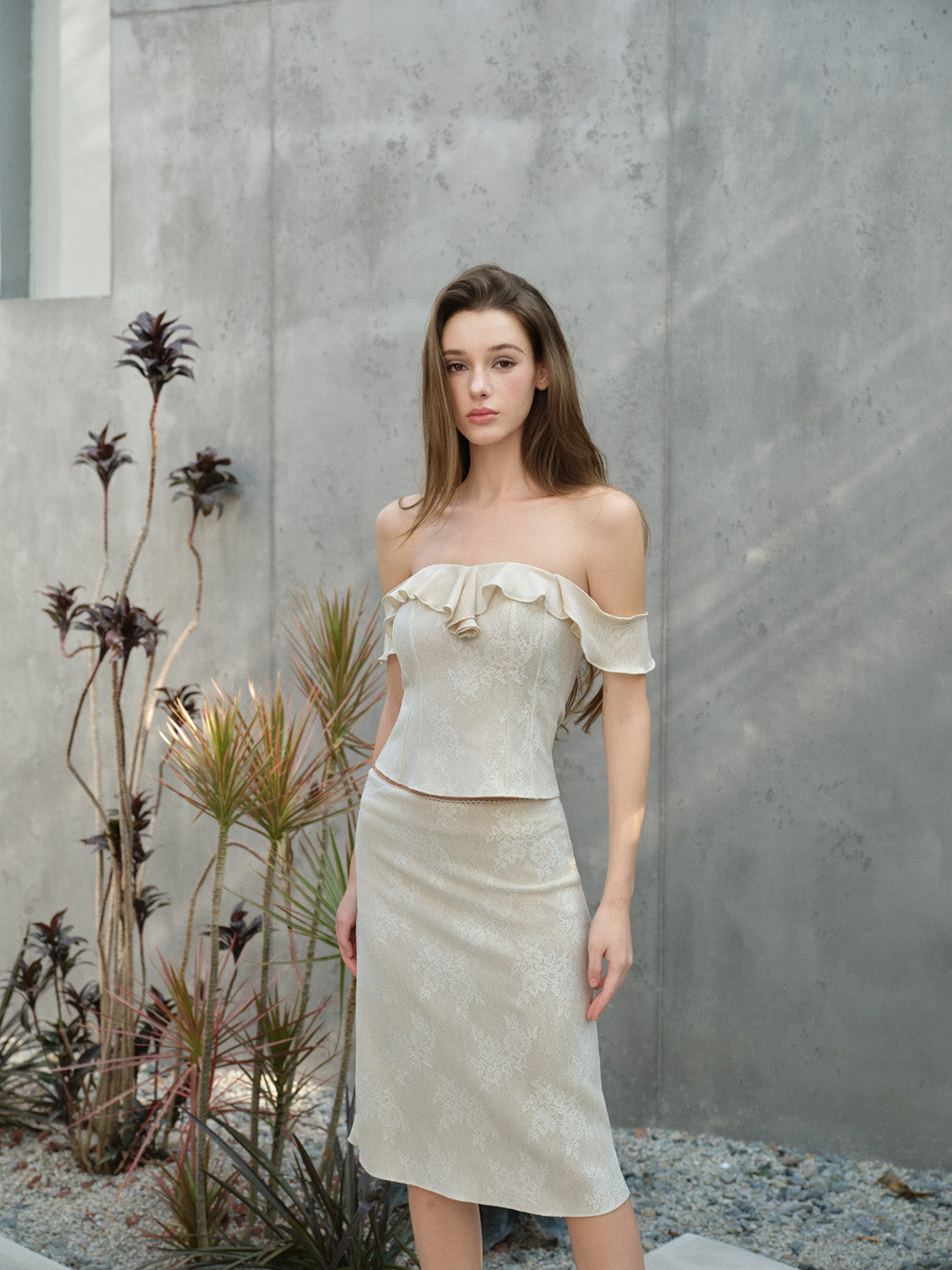 NONCESTNON N322&amp;N323 Lace wave edge top + lace skirt